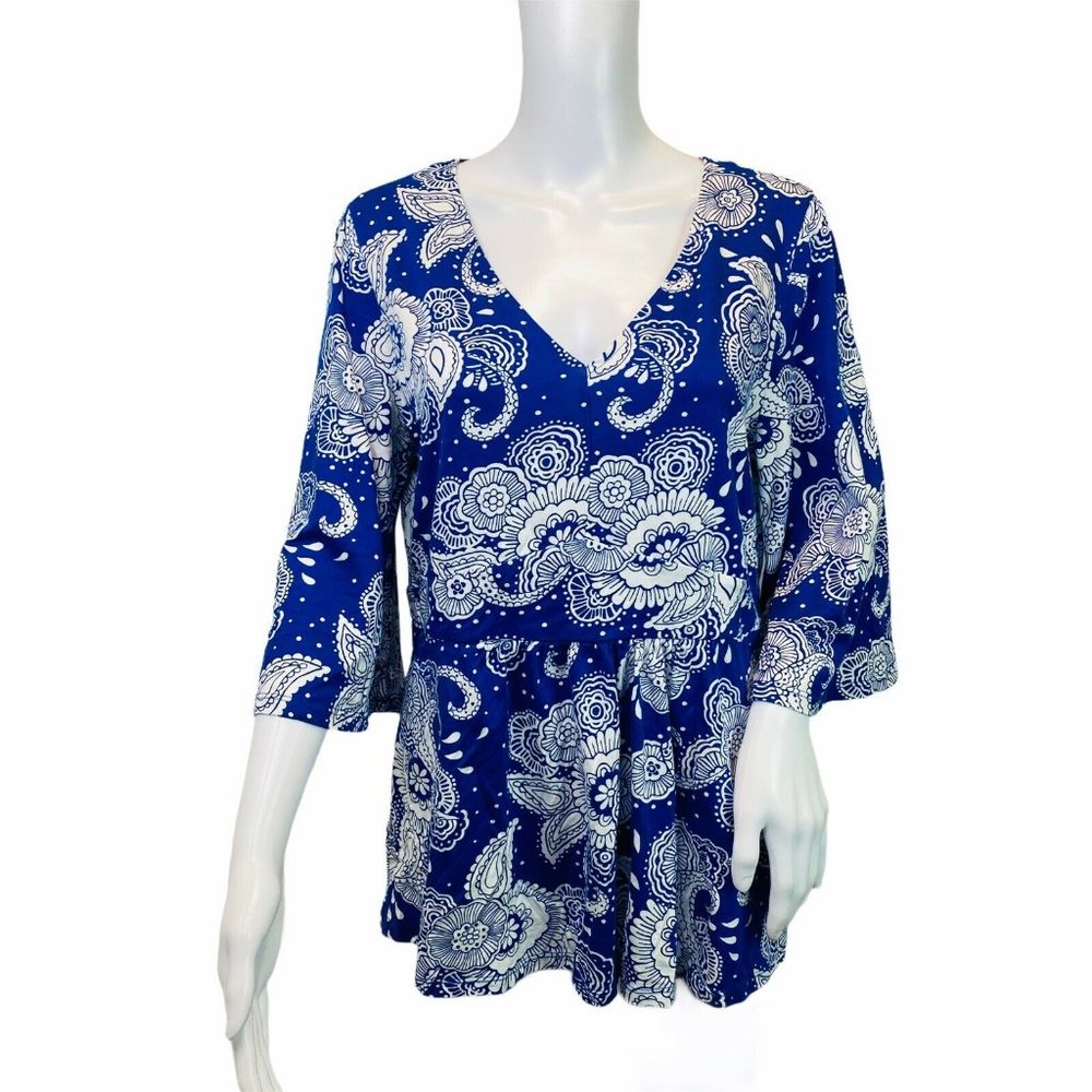 Boden Top Blue White Floral Print 3/4 Sleeve